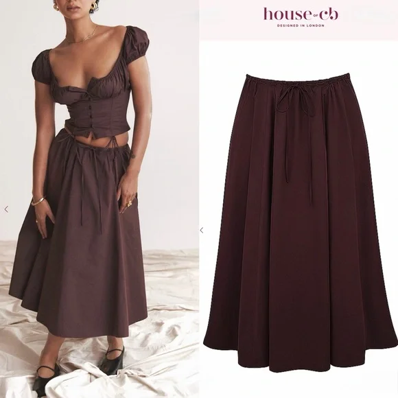 House of CB CORA Rich Brown Gathered Midi Skirt - Picture 1 of 15